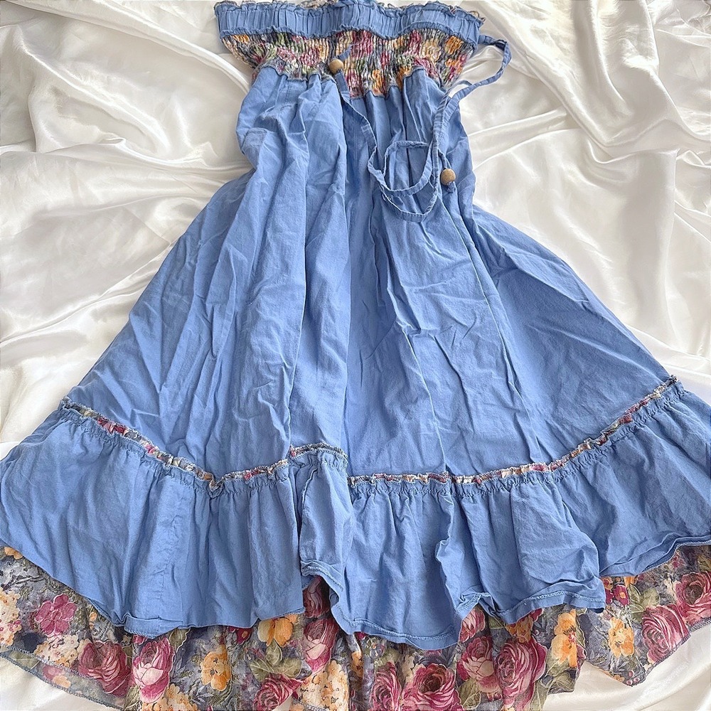 CTU Blue Floral Tiered Midi Skirt Smocked Waist Boho Cottagecore Ruffle Hem